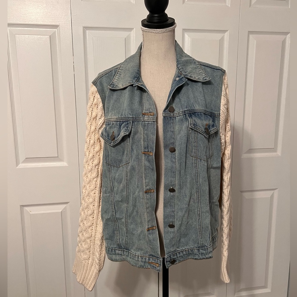 Denim jacket with sweater sleeves